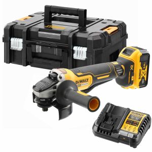Аккумуляторная угловая шлифмашина DEWALT DCG406P1T, 18 В, 125 мм, 9000 об/мин, с АКБ 5 Ач и ЗУ, в кейсе TSTAK (DCG406P1NT-XJ)