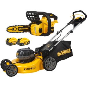 Аккумуляторный набор садовой техники DEWALT, 18 В: цепная пила DCM565 + газонокосилка DCMW564, с 2 АКБ 5 Ач и ЗУ