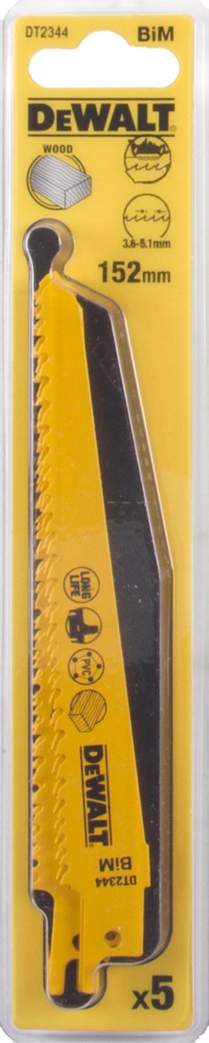 Полотно DEWALT DT2344, по дереву для сабельных пил биметаллическое, BiM, 152 x 3.6-5.1 мм, S610VF, 5 шт.