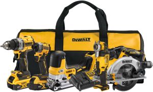 Аккумуляторный набор DEWALT DCK502P3, 18 В: дрель-шуруповерт + шуруповерт + пила + лобзик + реноватор, с 3 АКБ 5 Ач и ЗУ в сумке