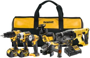 Аккумуляторный набор DEWALT DCK607M2, 18 В: дрель + шуруповерт + УШМ + перфоратор + пила + фонарь, с 2 АКБ 4 Ач и ЗУ, в сумке