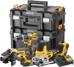 Аккумуляторный набор DEWALT DCK329P2T: дрель-шуруповерт DCD796 + УШМ DCG405 + лобзик DCS335, с 2 АКБ 5 Ач и ЗУ, в 2 кейсах TSTAK