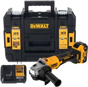 Аккумуляторная угловая шлифмашина DEWALT DCG408P1T, 18 В, 125 мм, 9000 об/мин, с АКБ 5 Ач и ЗУ, в кейсе TSTAK (DCG408P1NT-XJ)