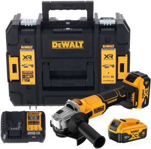 Аккумуляторная угловая шлифмашина DEWALT DCG407M2T, 18 В, 125 мм, 9000 об/мин, с 2 АКБ 4 Ач и ЗУ, в кейсе TSTAK (DCG407M2T-QW)