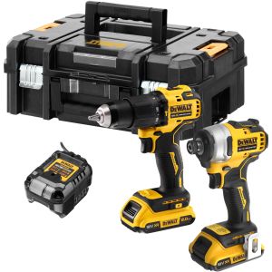 Аккумуляторный набор DEWALT DCK2062D2T, 18 В: ударная дрель-шуруповерт + шуруповерт, с 2 АКБ 2 Ач и ЗУ, в кейсе TSTAK