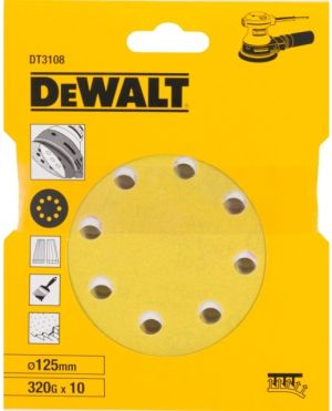 Шлифовальные круги DEWALT DT3108, 125 мм, 8 отверстий, 320G, 10 шт.