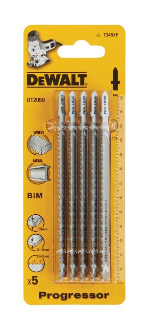 Пилка для лобзика DEWALT EXTREME DT2059, по дереву и металлу, BiM, Progressor. 132 x 101 x 2.4 - 5 мм, T345 XF, 5 шт.