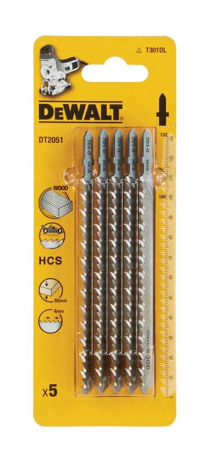 Пилка для лобзика DEWALT DT2051, по дереву из высокоуглеродистой стали, HCS, 132 x 100 x 4.0 x 85 мм, T301DL, 5 шт.