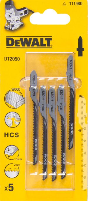 Пилка для лобзика DEWALT DT2050, по дереву из высокоуглеродистой стали, HCS, 76 x 48 x 2.0 x 15 мм, T119BO, 5 шт.