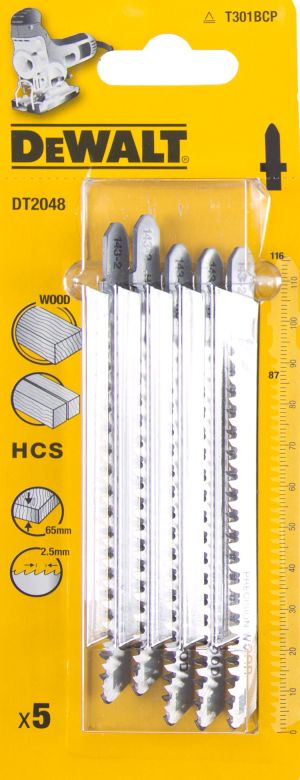 Пилка для лобзика DEWALT DT2048, по дереву из высокоуглеродистой стали, HCS, 116 x 87 x 2.5 x 65 мм, T301BCP, 5 шт.