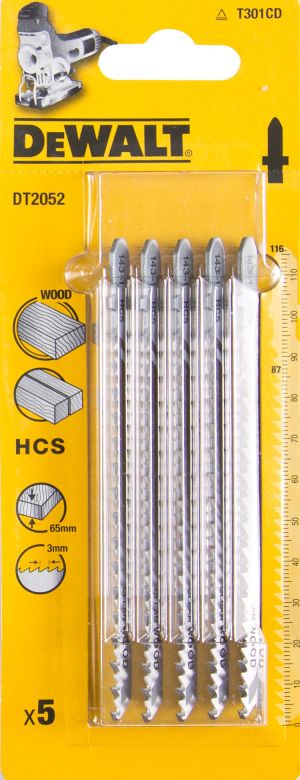 Пилка для лобзика DEWALT DT2052, по дереву из высокоуглеродистой стали, HCS, 116 x 87 x 3.0 x 65 мм, T301CD, 5 шт.