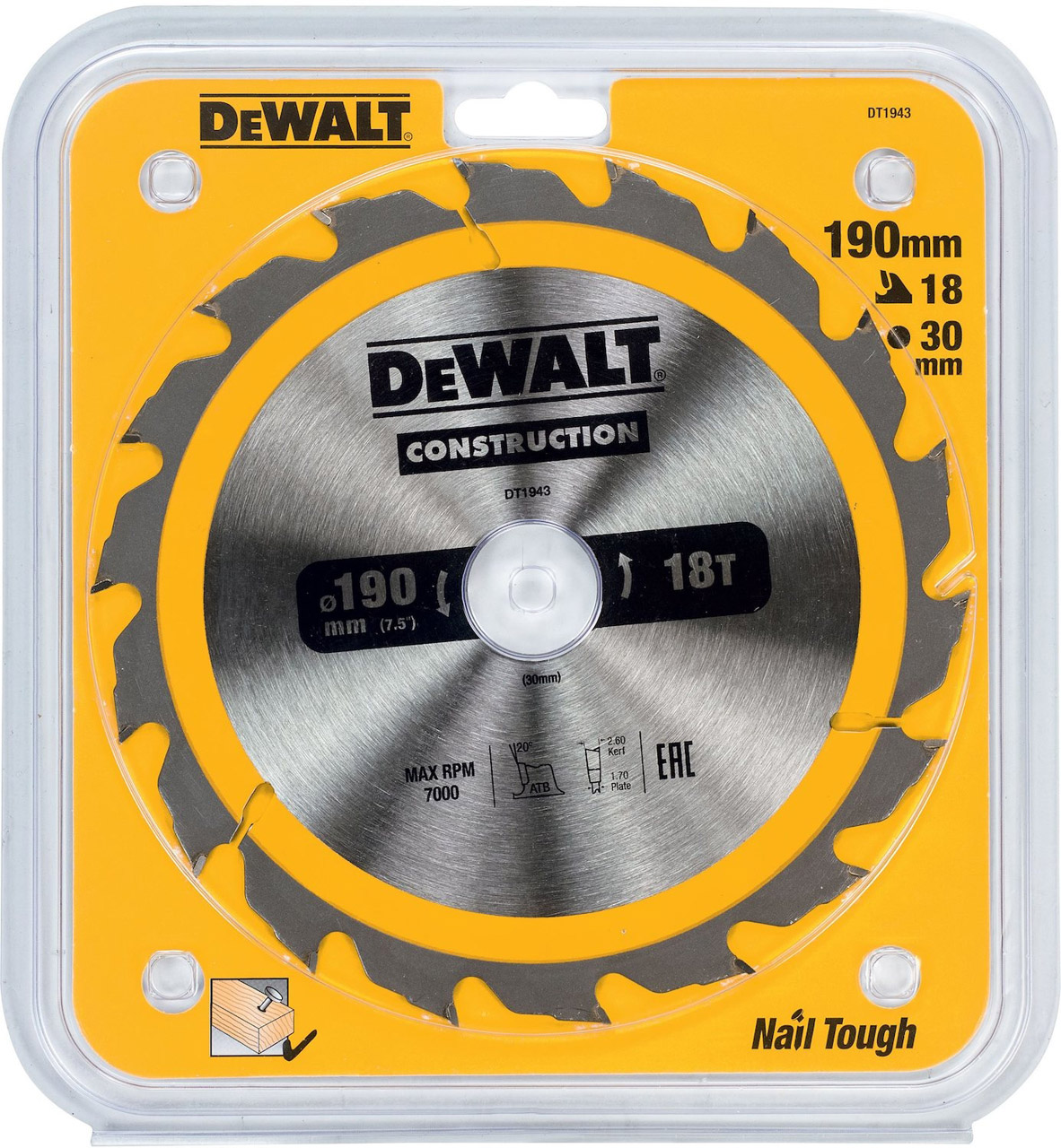 Пильный диск DEWALT CONSTRUCTION DT1943, 190/30 мм.