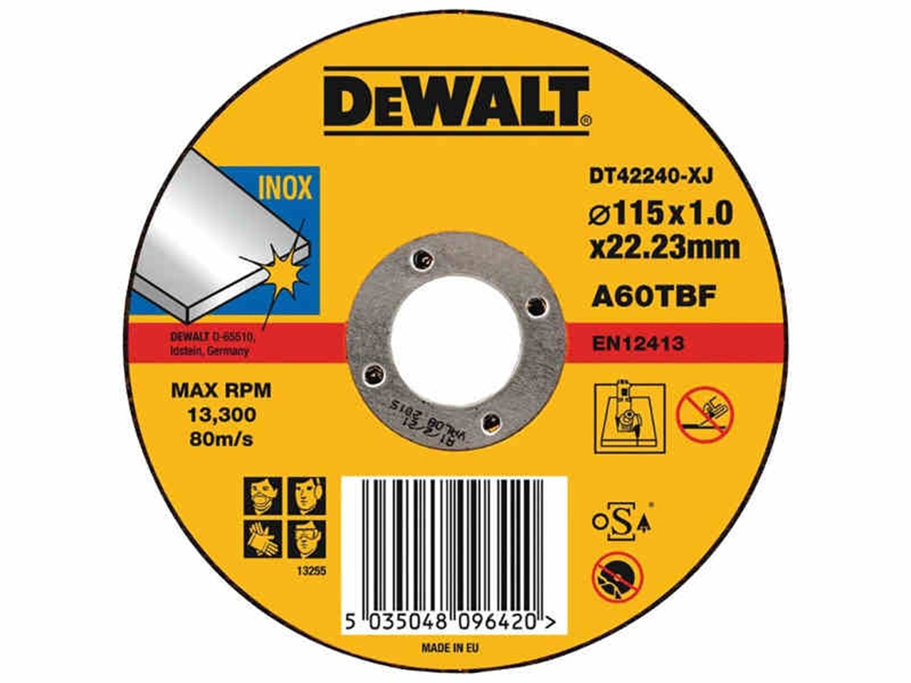 Круг отрезной DEWALT INOX DT42240, по нержавеющей стали, 115 x 22.2 x 1 мм, тип 1