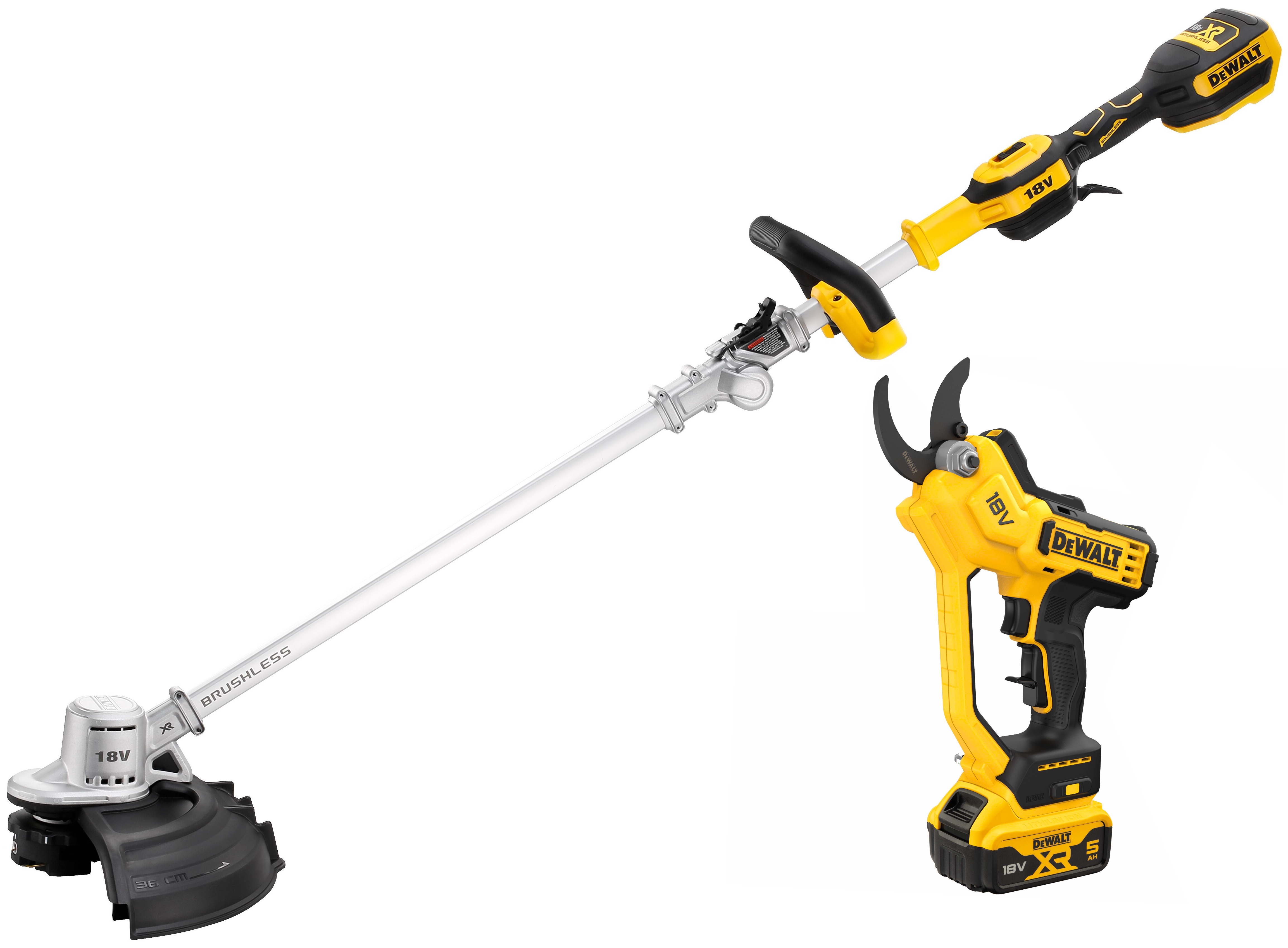 Аккумуляторный набор садовой техники DEWALT, 18 В: триммер DCMST561 + секатор DCMPP568, с АКБ 5 Ач и ЗУ