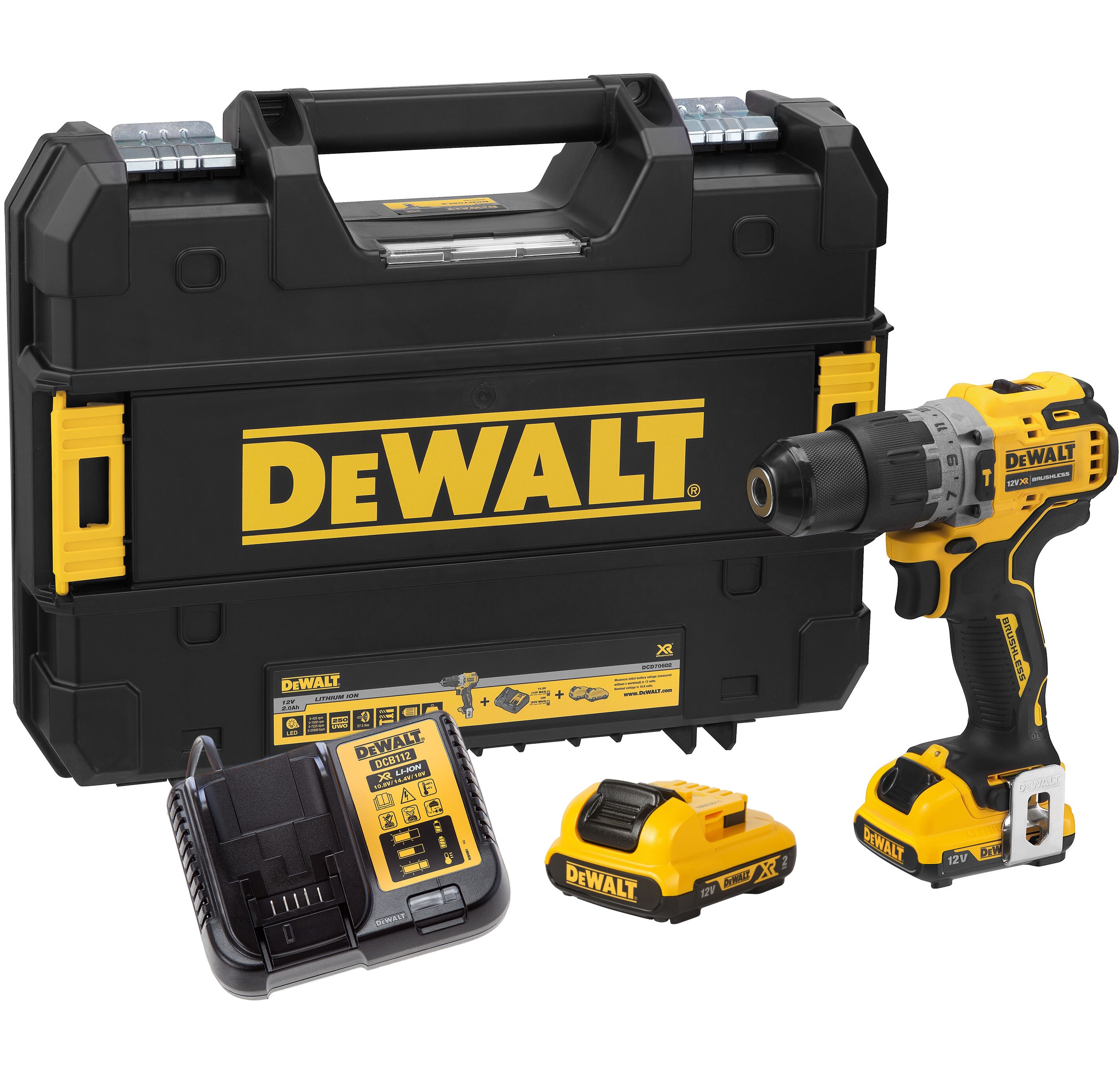 Аккумуляторная ударная дрель-шуруповерт DEWALT DCD706D2, 12 В, 1500 об/мин, 25500 уд/мин, с 2 АКБ 2 Ач и ЗУ, в кейсе TSTAK (DCD706D2-QW)