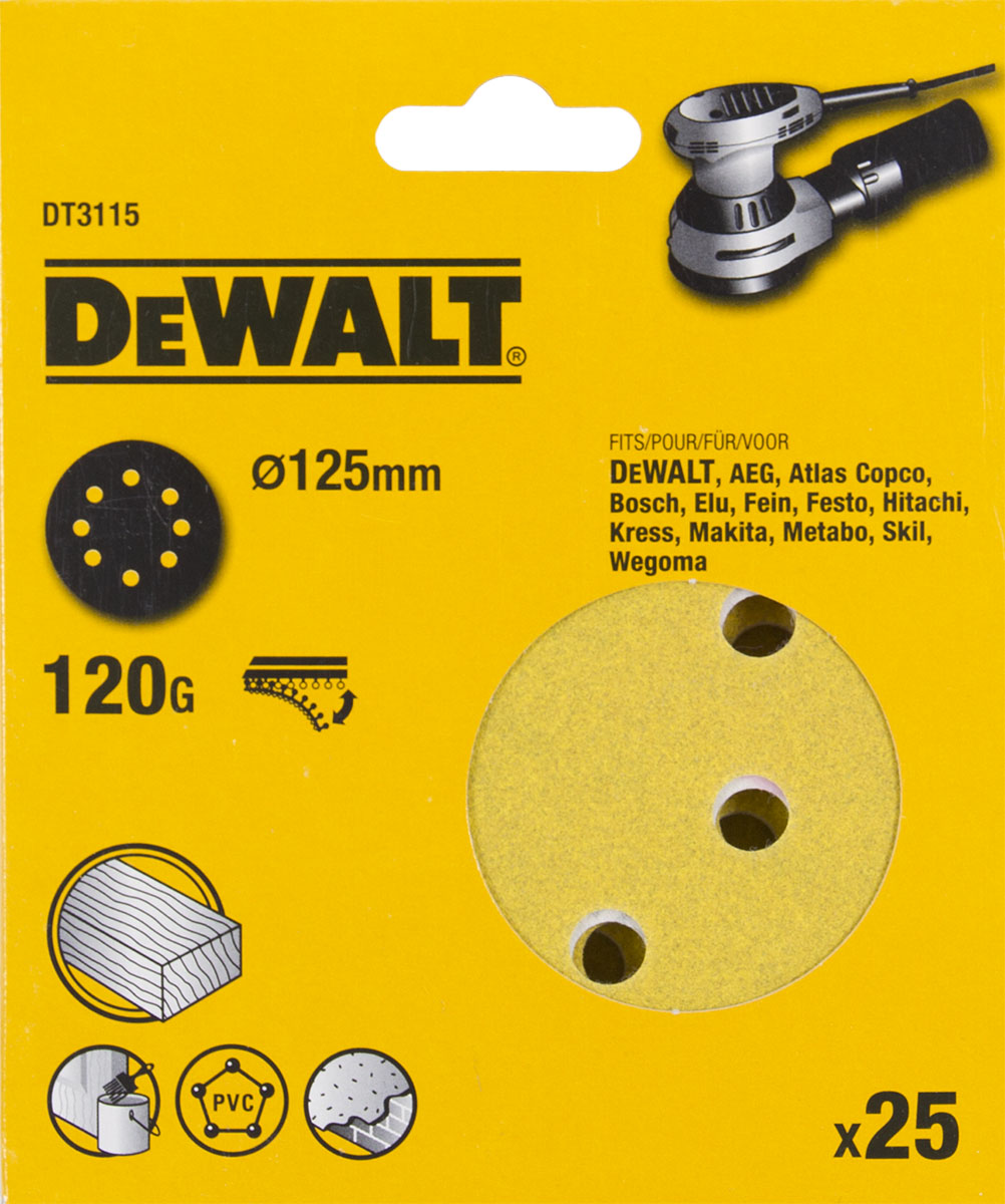 Шлифовальные круги DEWALT DT3115 125 мм 8 отверстий 120G 25 шт 1580₽