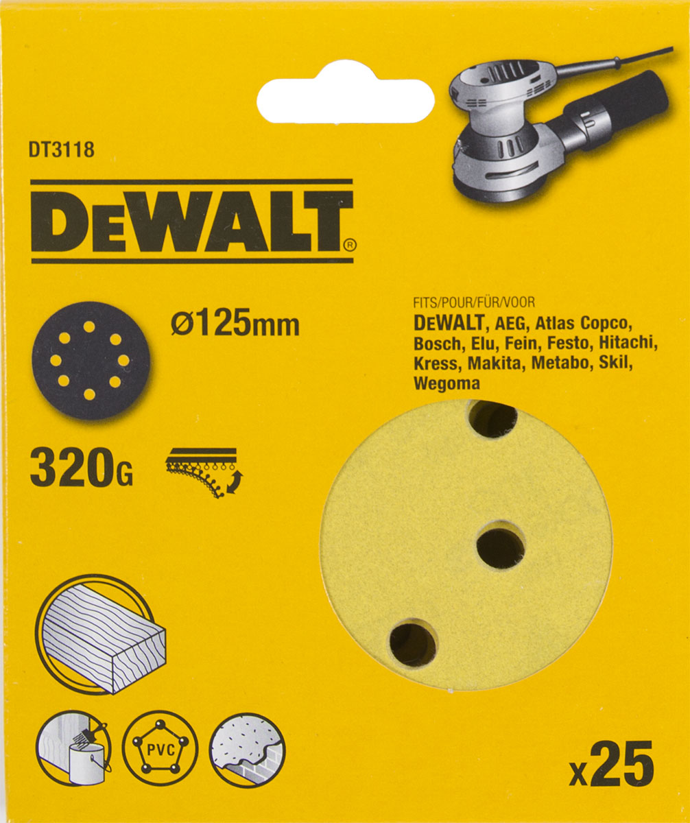 Шлифовальные круги DEWALT DT3118 125 мм 8 отверстий 320G 25 шт 1570₽