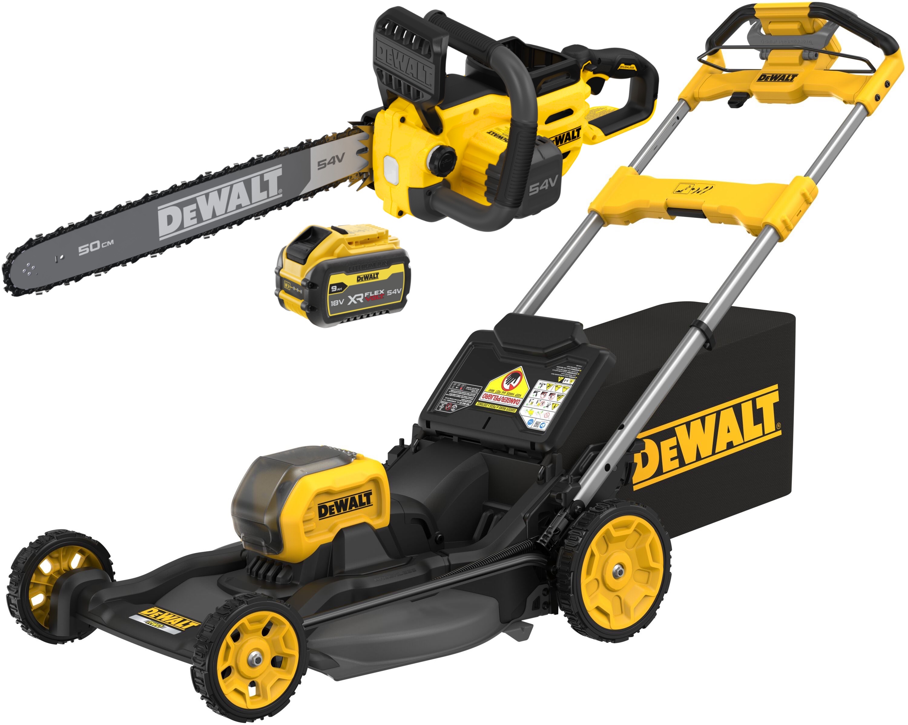 Аккумуляторный набор садовой техники DEWALT, 54 В: цепная пила DCMCS575 + газонокосилка DCMWSP550, с АКБ 3 Ач и ЗУ