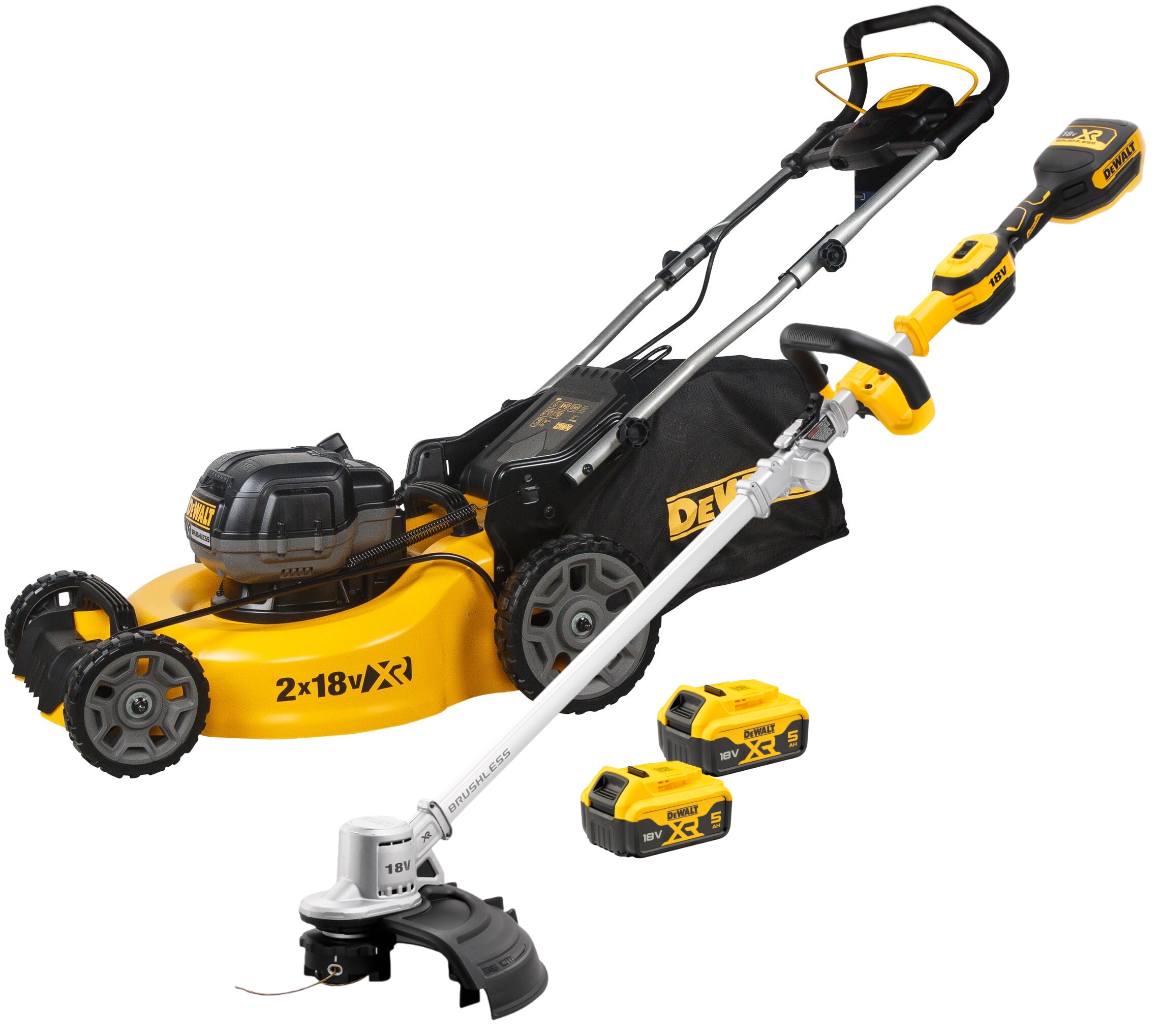 Аккумуляторный набор садовой техники DEWALT, 18 В: газонокосилка DCMW564 + триммер DCMST561, с 2 АКБ 5 Ач и ЗУ
